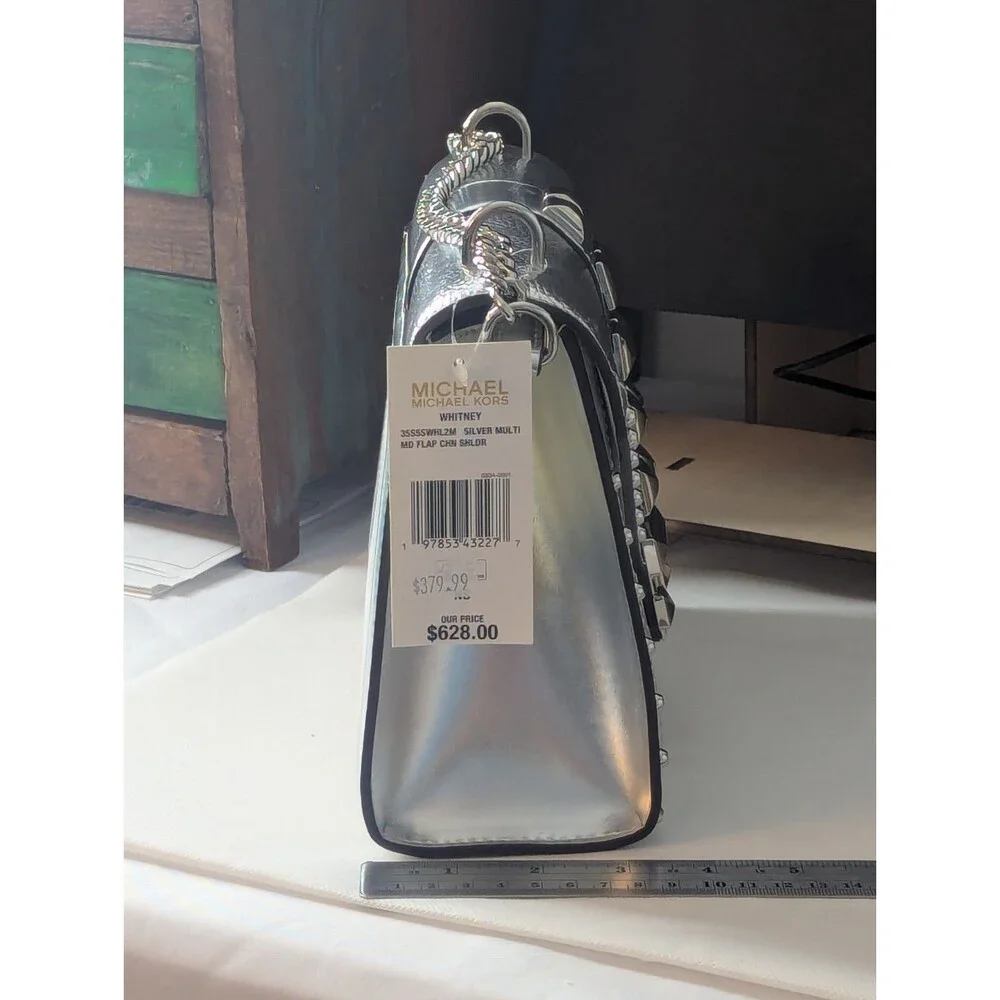 Michael Kors Studded Whitney Bag - Silver, White, Leather, Chain Strap, NWT - Picture 2 of 8